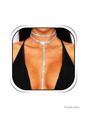 Long Rhinestone Choker Necklace with Extension Chain for Women Party Jewelry